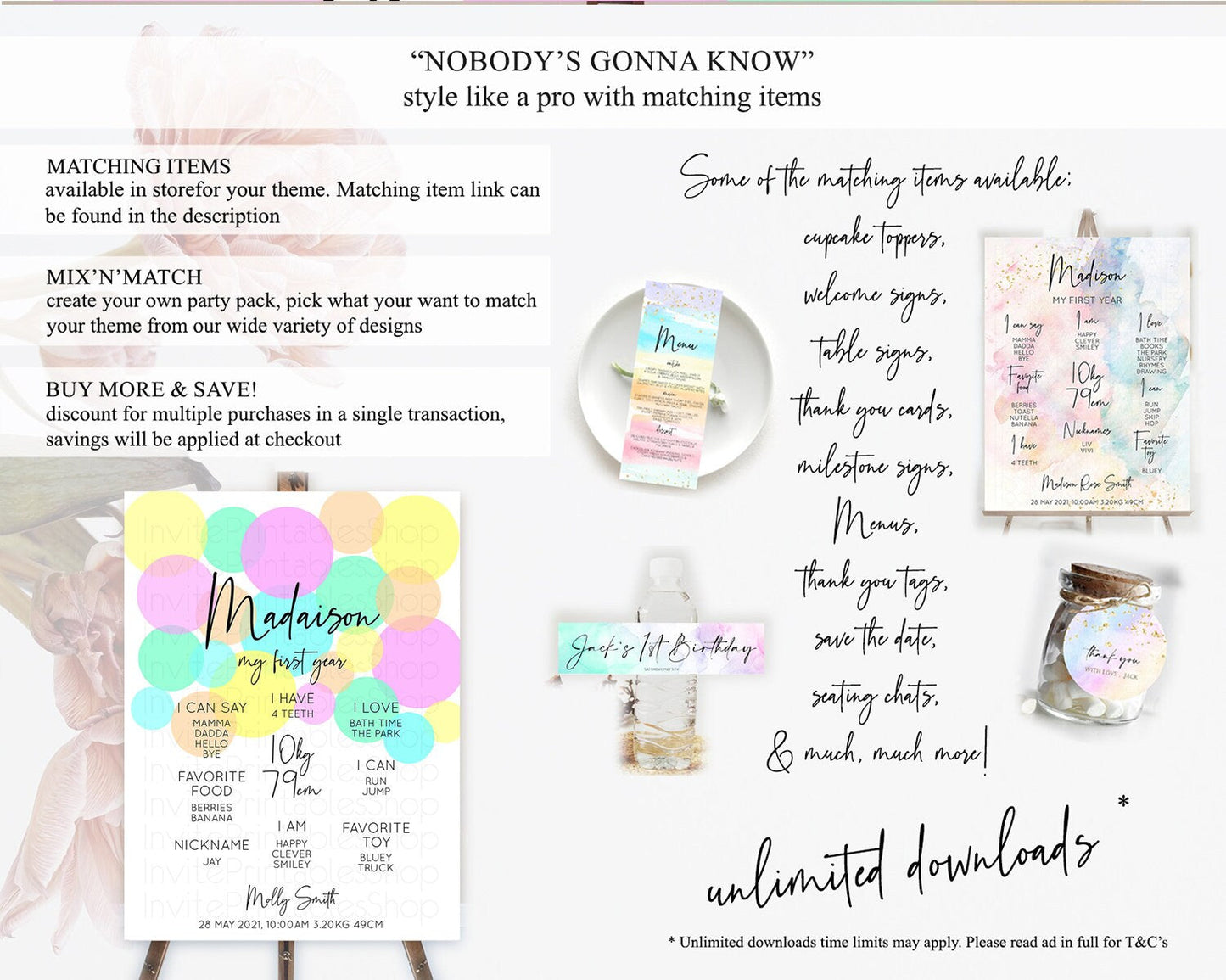 Pastel First Birthday Milestone Poster Pastel Rainbow Confetti First Birthday Milestone Board Colorful Bubbles Birthday Welcome Sign D10410