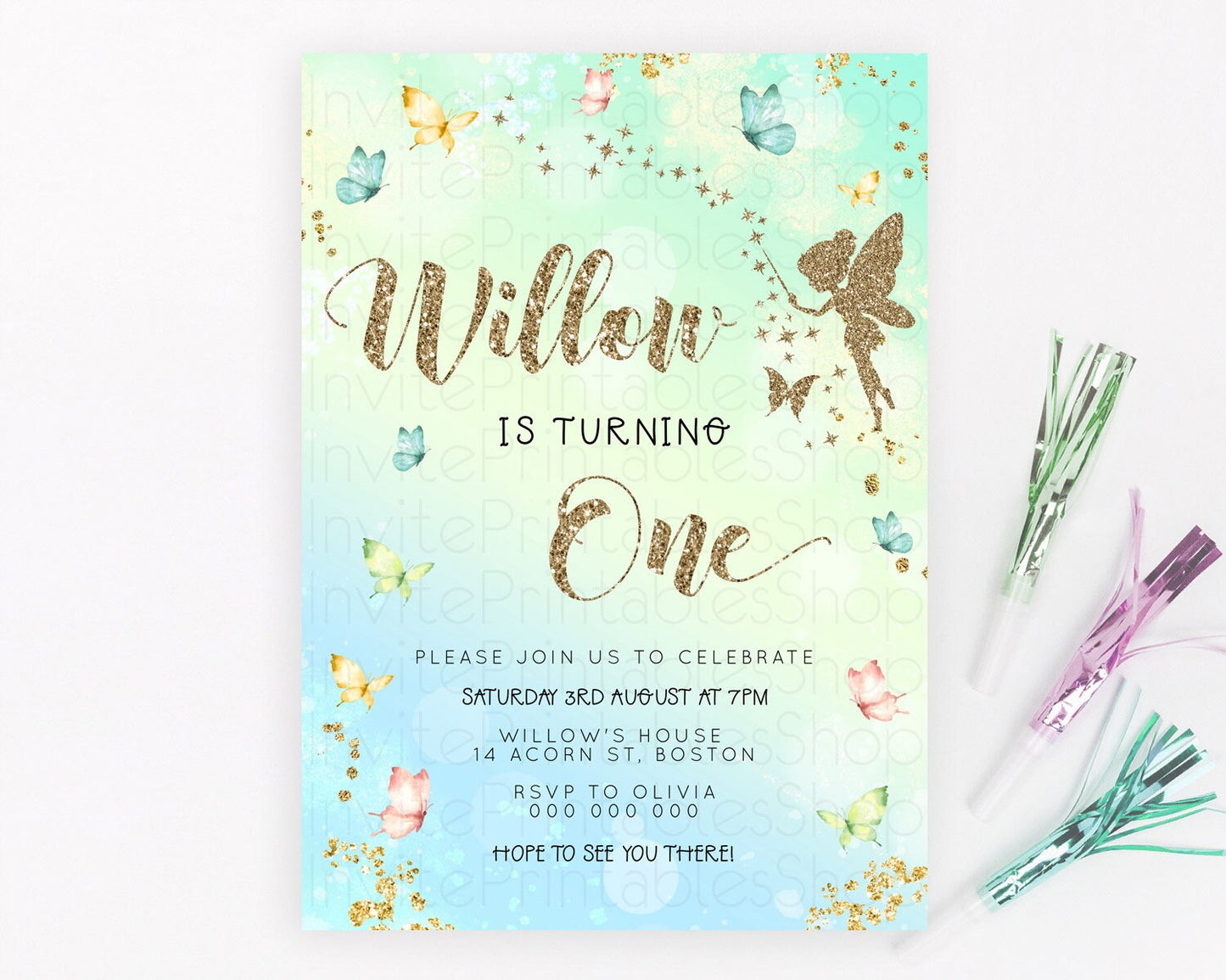 Pastel Fairy Birthday Invitation Pastel Butterflies Fairy Birthday Invitation Rainbow Ombre Watercolor 1st 2nd Birthday Invitation D23150