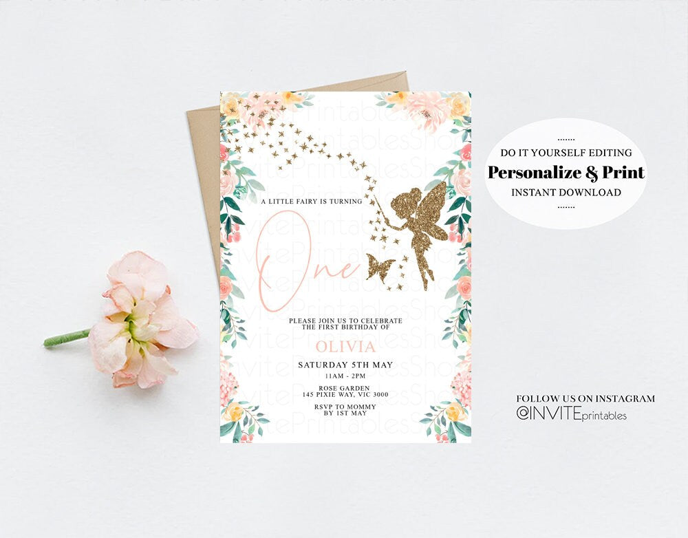 Fairy Birthday Invitation Floral Garden Tea Party Fairy Invite Whimsical Butterflies Glitter Pixie Magic White Printable Editble Invite