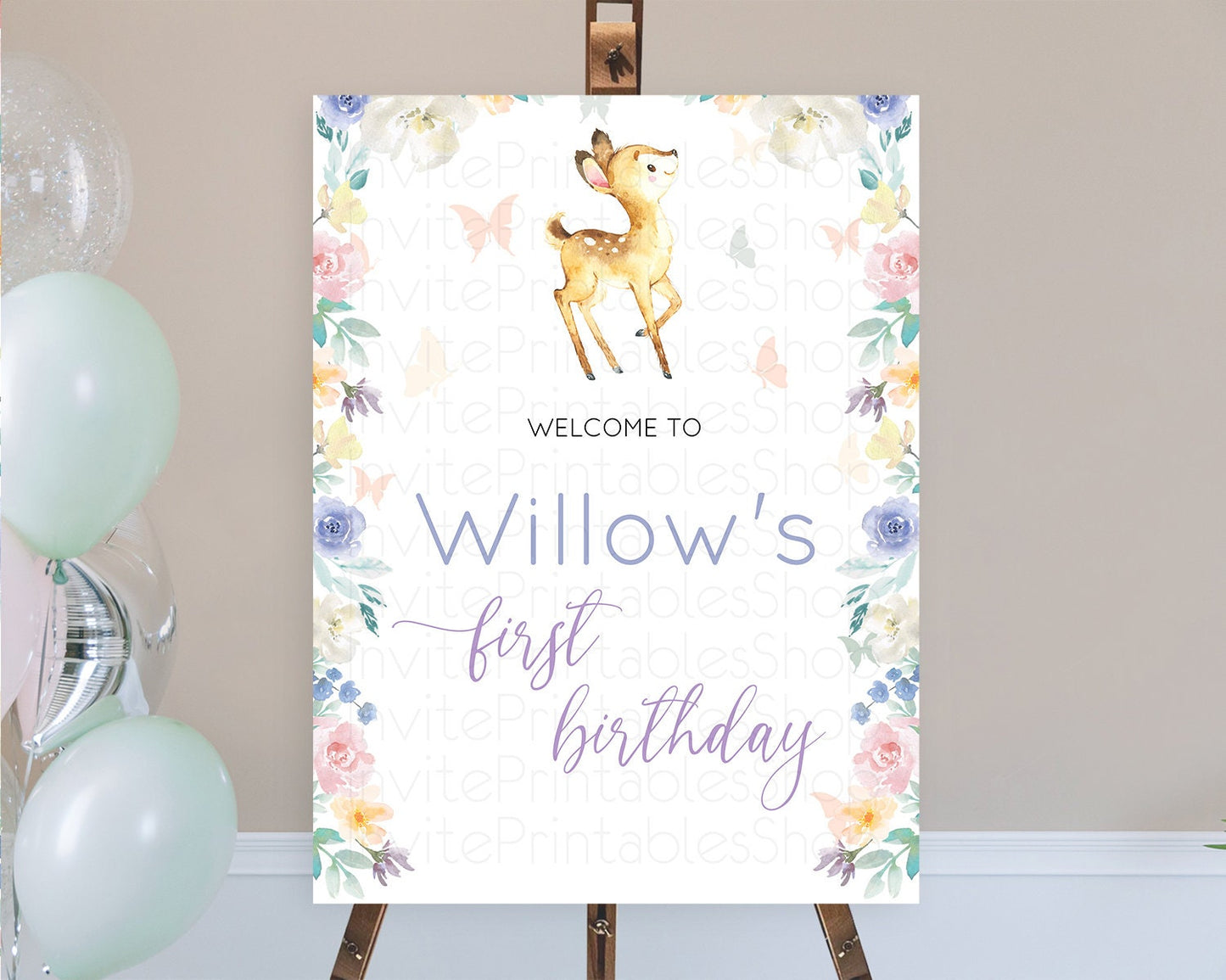 Fawn Welcome Sign Deer Welcome Board Floral Deer Welcome Poster Enchanted Forest Butterfly Pastel Floral First Birthday Welcome Sign D11001