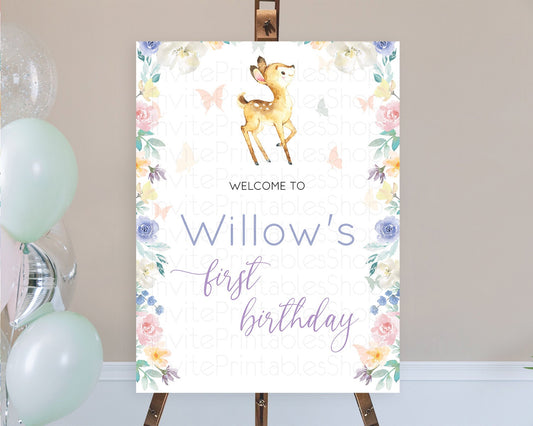 Fawn Welcome Sign Deer Welcome Board Floral Deer Welcome Poster Enchanted Forest Butterfly Pastel Floral First Birthday Welcome Sign D11001