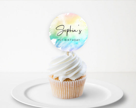 Editable Rainbow Cupcake Toppers Pastel Cupcake Toppers Colorful Pastel Wate