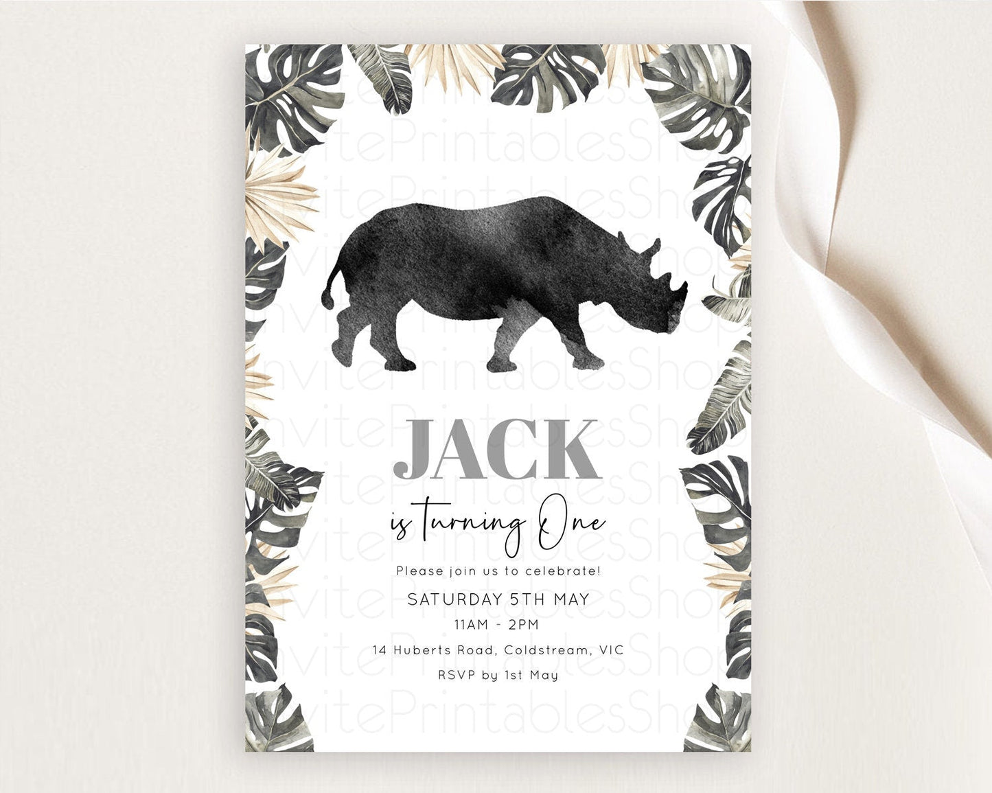 Rhino Birthday Invitation Rhino Invitation Rhino Birthday Rhino Safari Adventure Invite Rhino Palm Leaf Invite Zoo Party D10805