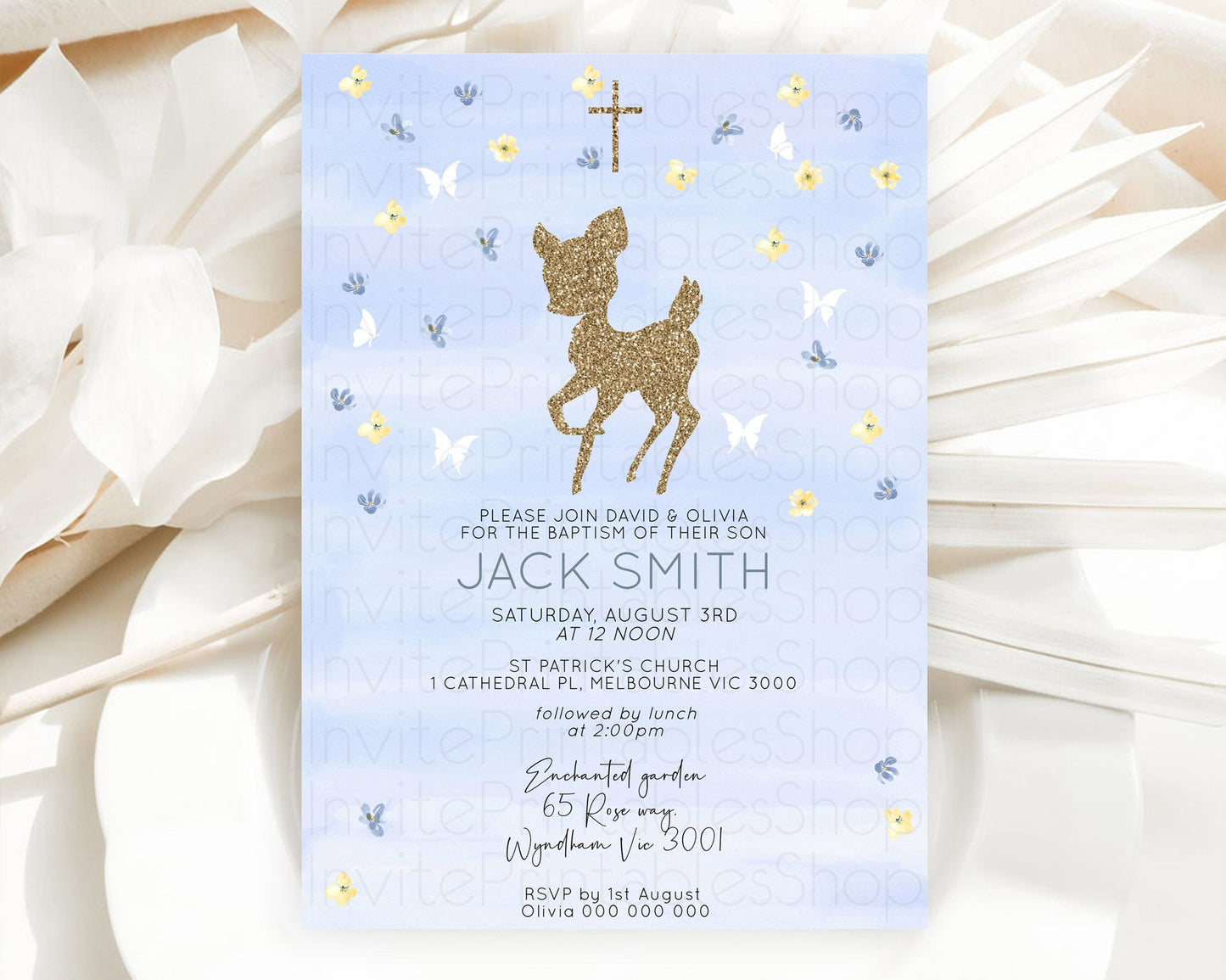 Fawn Baptism Invitation Deer Baptism 1st Birthday Invitation Enchanted Forest Christening Invitation Pastel Garden Butterfly Floral D10863