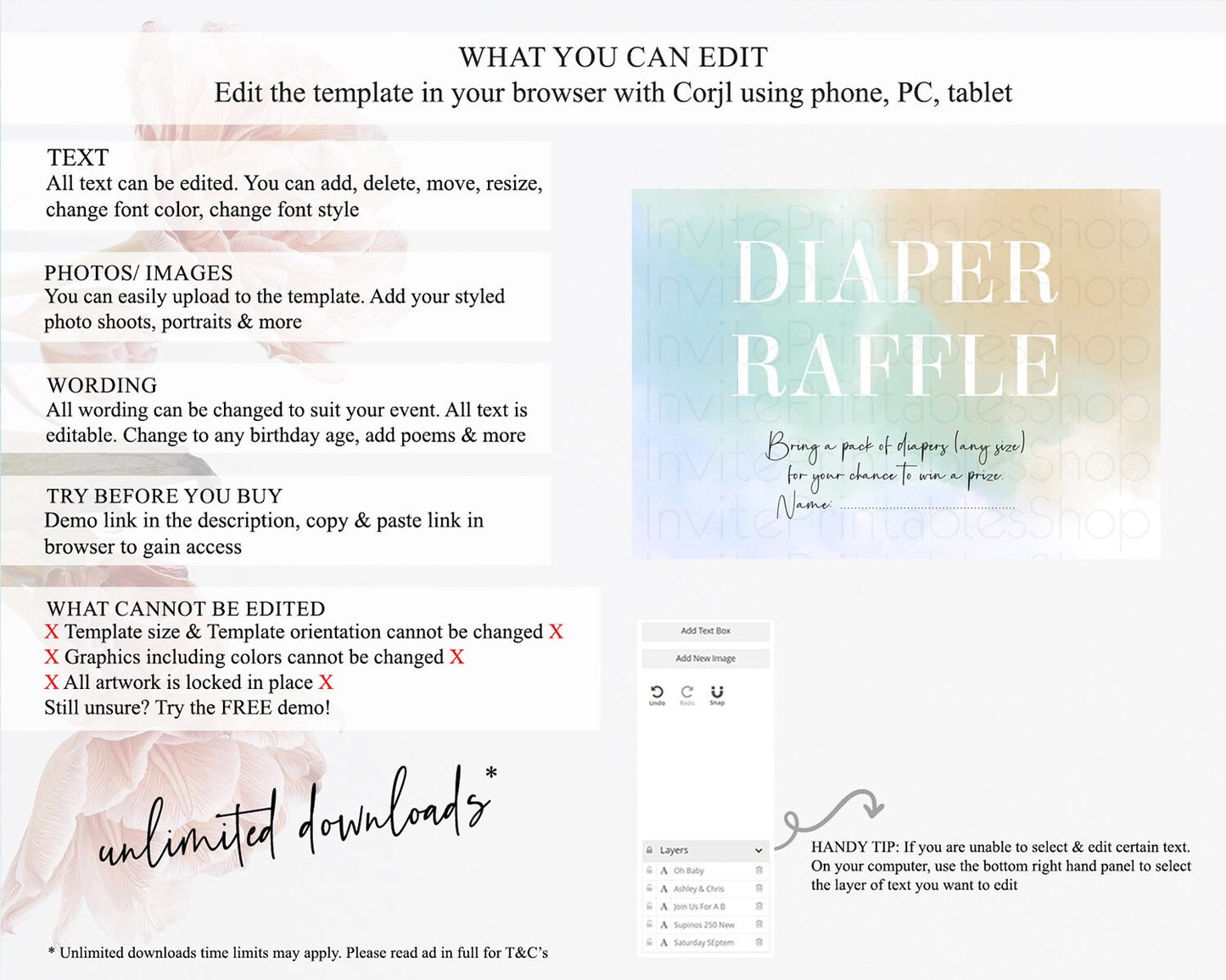 Pastel Diaper Raffle Card Pastel Rainbow Diaper Raffle Insert Colorful Ombre Watercolor Diaper Ticket Confetti Glitter Raffle Game D10370