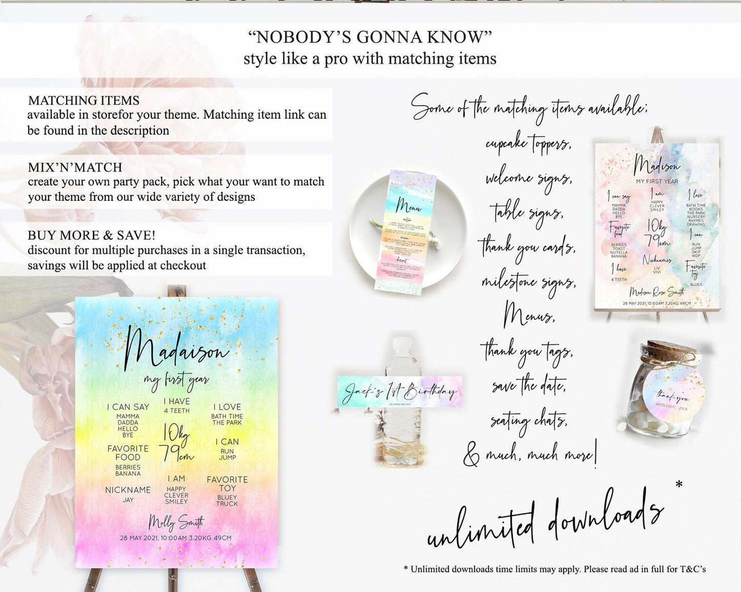 Pastel First Birthday Milestone Board Pastel Rainbow Milestone Poster Colorful Confetti Watercolor Glitter 1st Birthday Welcome Sign D10480