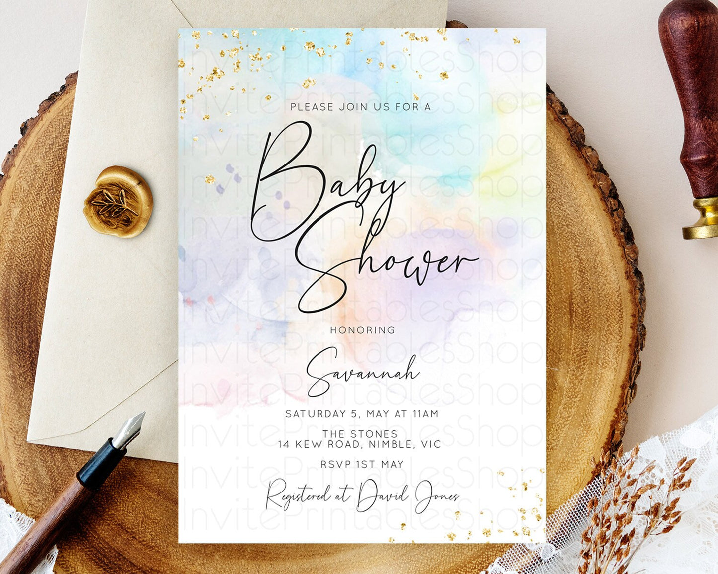 Pastel Baby Shower Invitation Rainbow Baby Shower Invitation Colorful Pastel Watercolor Invitation Gold Glitter Sprinkles Ombre D10769