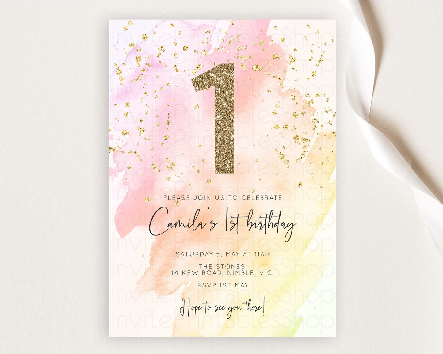 Pink Birthday Invitation pink Watercolor Invitation Pastel pink Watercolor Invitation pink Splash Gold Invitation 1st First Birthday D10167