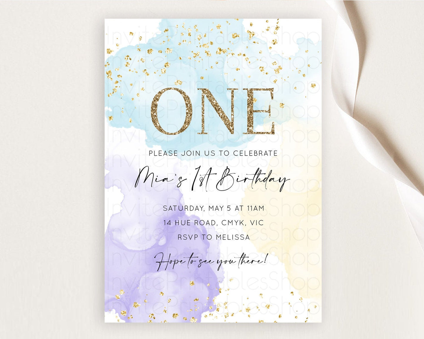 Rainbow Birthday Invitation Colorful Pastel Watercolor Invitation Gold Glitter Sprinkles Ombre Pastel 1st 2nd 3rd Birthday D10206