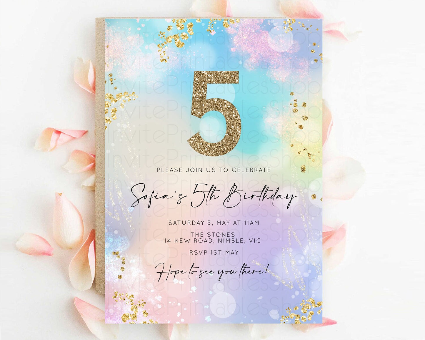 Rainbow Birthday Invitation Colorful Pastel Watercolor Invitation Gold Glitter Sprinkles Ombre Pastel 1st 2nd 3rd Birthday D10675