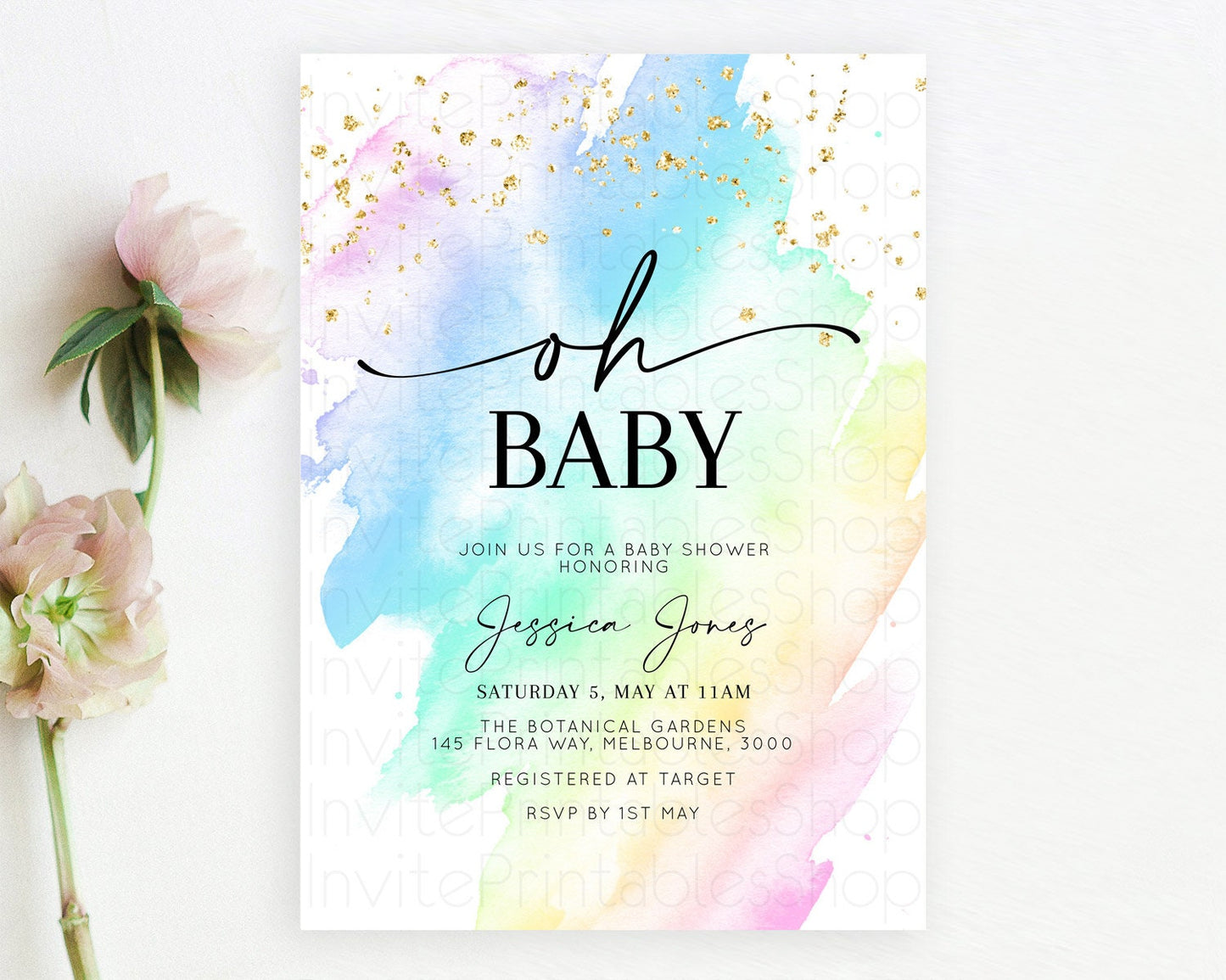 Pastel Baby Shower Invitation Rainbow Baby Shower Invitation Colorful Pastel Watercolor Invitation Gold Glitter Sprinkles Ombre D10640