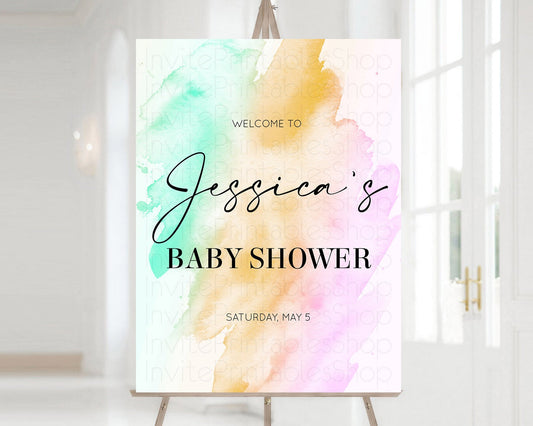 Pastel Baby Shower Welcome Sign Pastel Rainbow Welcome Sign Colorful Rainbow Confetti Watercolor Glitter Décor Pastel  Welcome Sign D10962