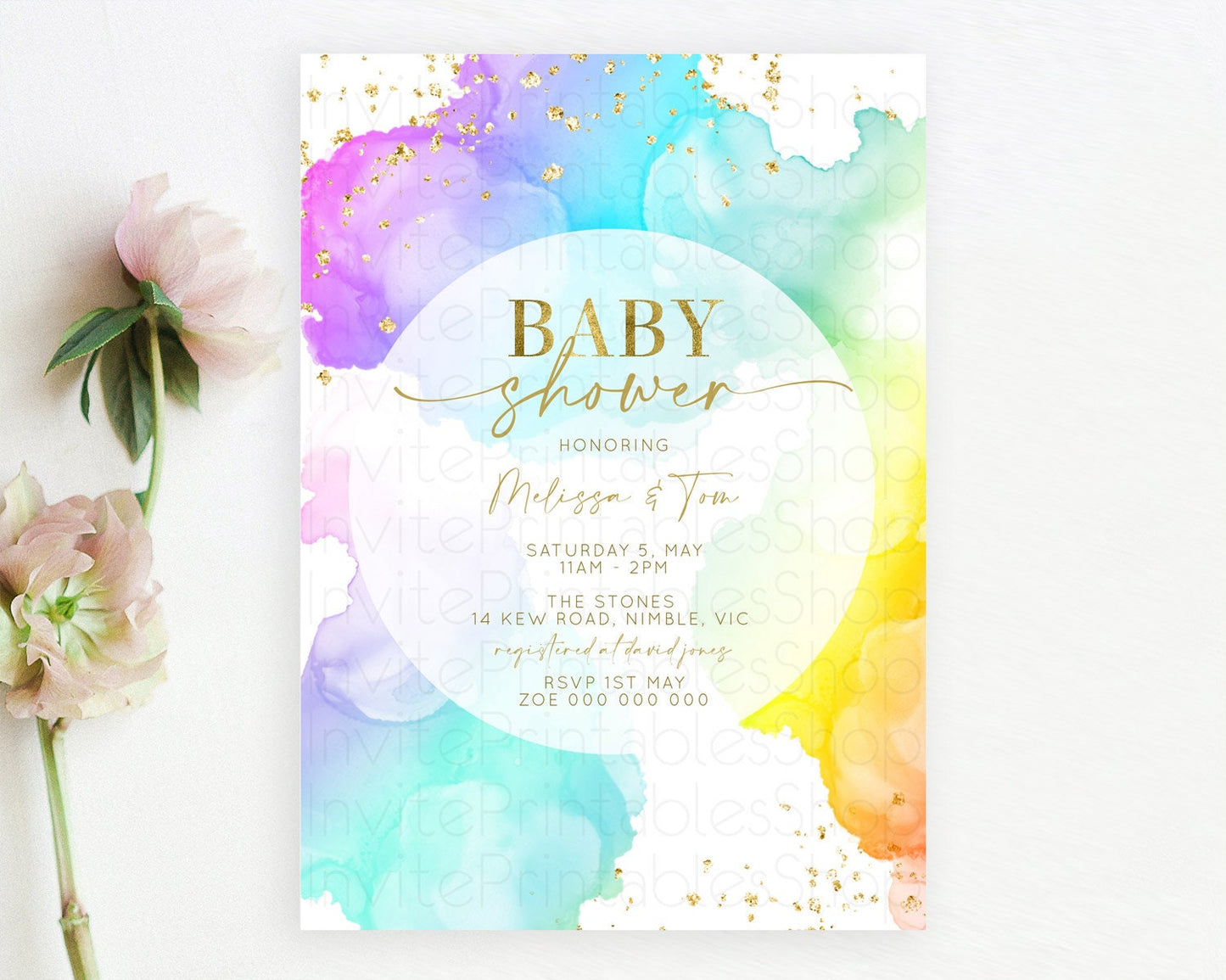 Pastel Baby Shower Invitation Rainbow Baby Shower Invitation Colorful Pastel Watercolor Invitation Gold Glitter Sprinkles Ombre D10213