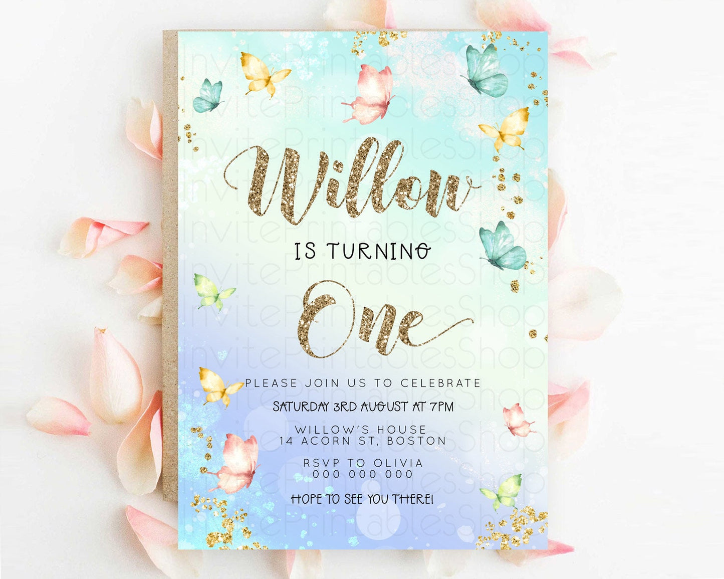 Pastel Butterfly Birthday Invitation Butterfly Birthday Invitation Colorful Splash Glitter Butterfly Garden 1st 2nd Birthday D23081