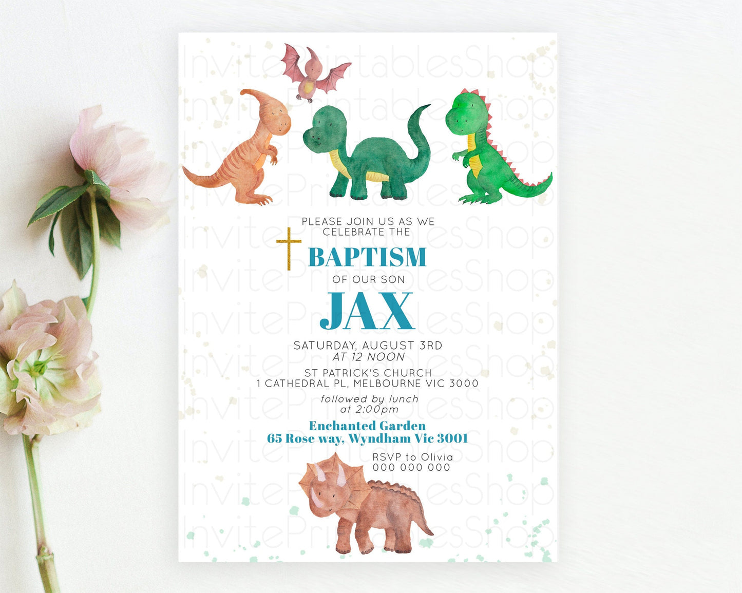 Dinosaur Baptism Invitation Dinosaur Volcano Baptism 1st Birthday Invitation Watercolor T-Rex Raptor Jurassic Christening Invitation D10153