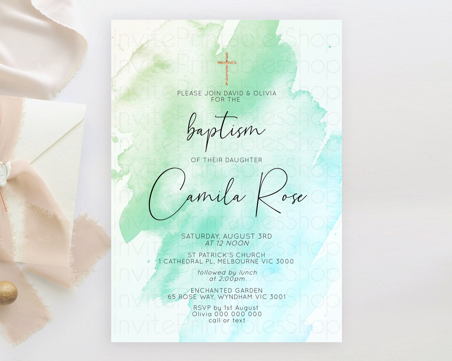 Green Baptism Invitation green Watercolor Baptism 1st Birthday Invitation Pastel Green Watercolor Christening Invite Green Splash D10166
