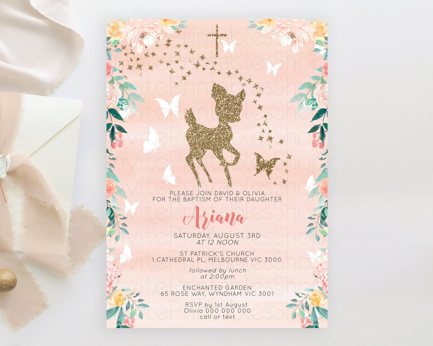 Fawn Baptism Invitation Deer Baptism 1st Birthday Invitation Enchanted Forest Christening Invitation Pastel Garden Butterfly Floral D10873