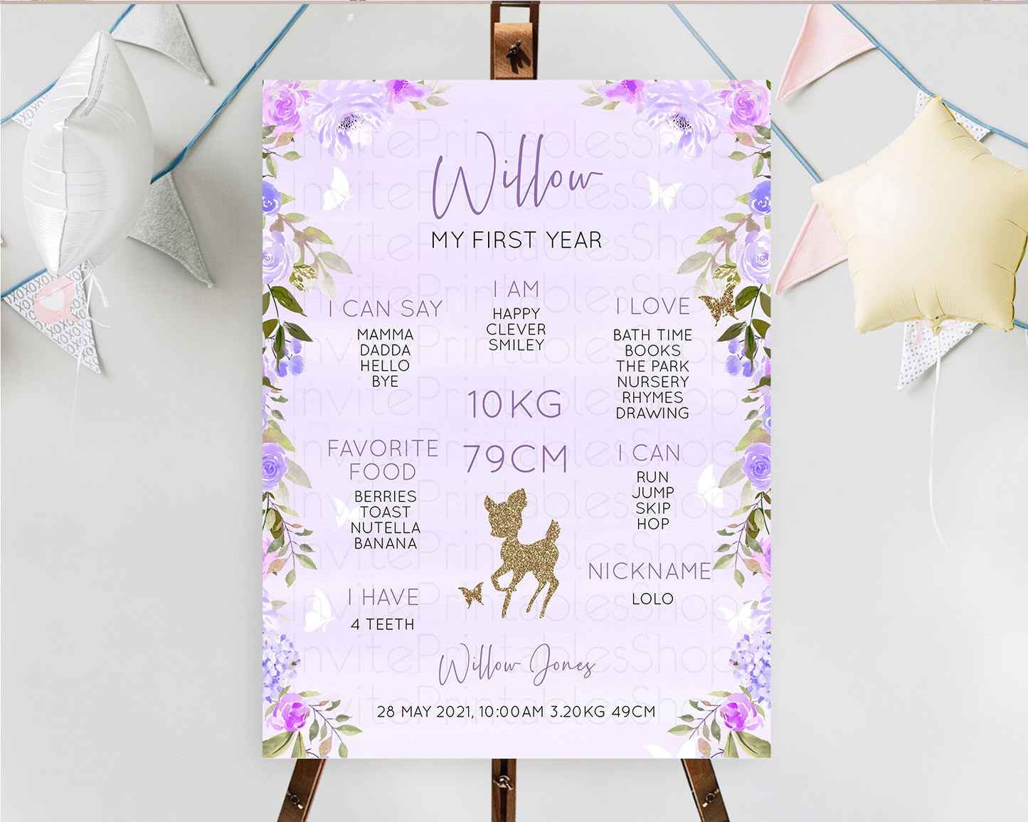 Fawn First Birthday Milestone Board Deer First Birthday Milestone Poster Enchanted Forest Butterfly Pastel Flowers 1st Birthday Sign D10963
