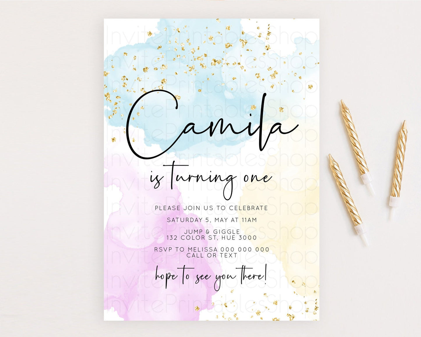 Rainbow Birthday Invitation Colorful Pastel Watercolor Invitation Gold Glitter Sprinkles Ombre Pastel 1st 2nd 3rd Birthday D10155