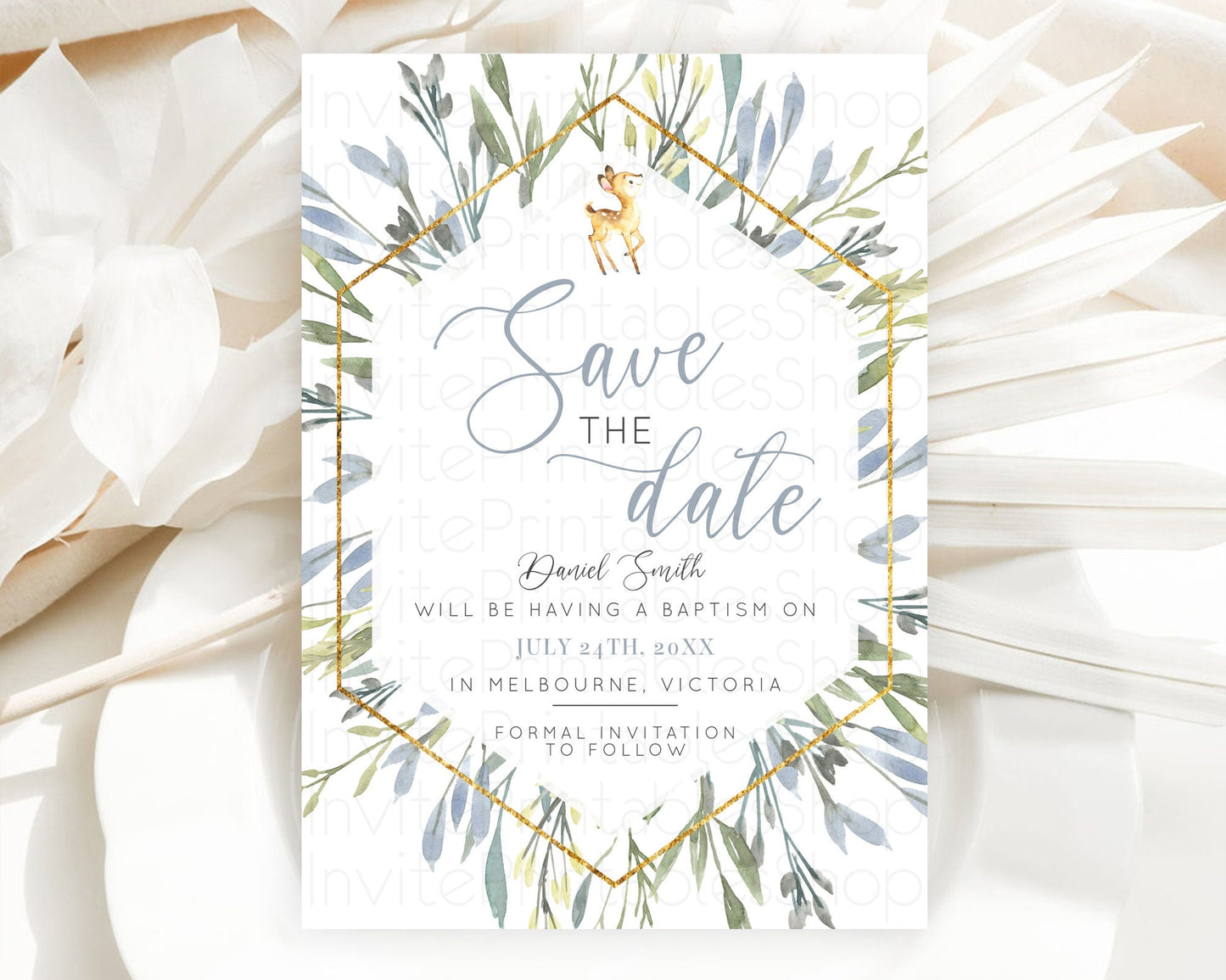 Fawn Deer Save The Date Template Pastel Floral Deer Enchanted Forest Butterfly Party 1st Birthday Baptism Baby Shower Bridal Shower D10400