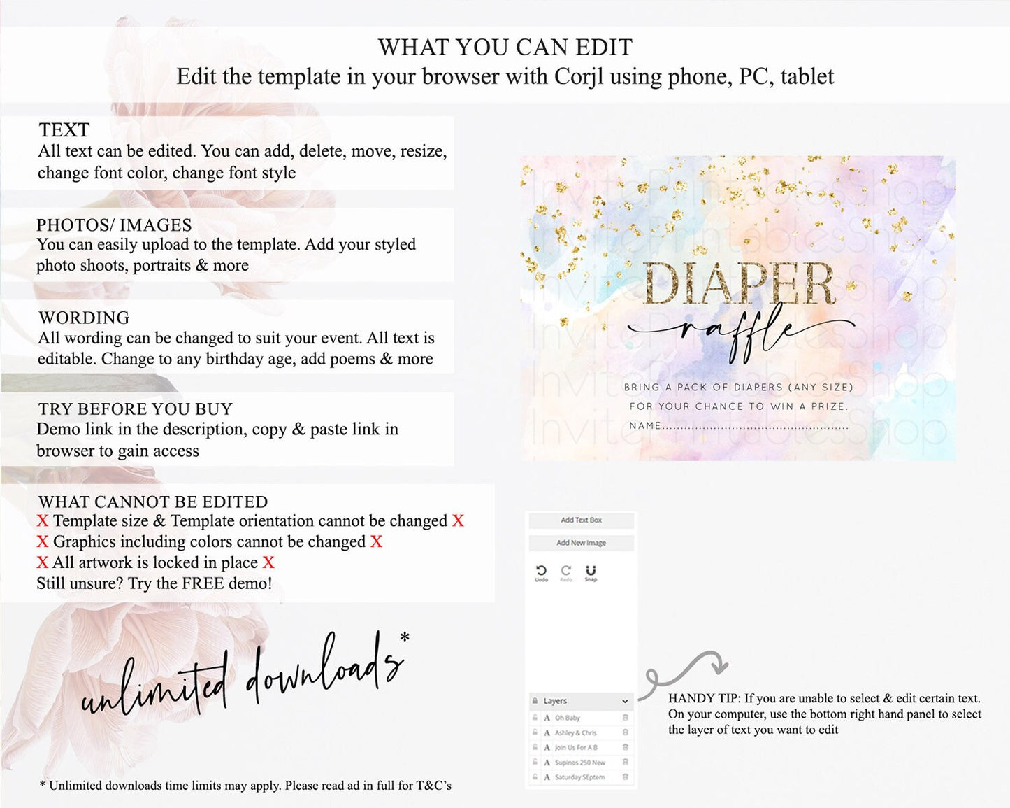 Pastel Diaper Raffle Card Pastel Rainbow Diaper Raffle Insert Colorful Ombre Watercolor Diaper Ticket Confetti Glitter Raffle Game D10605