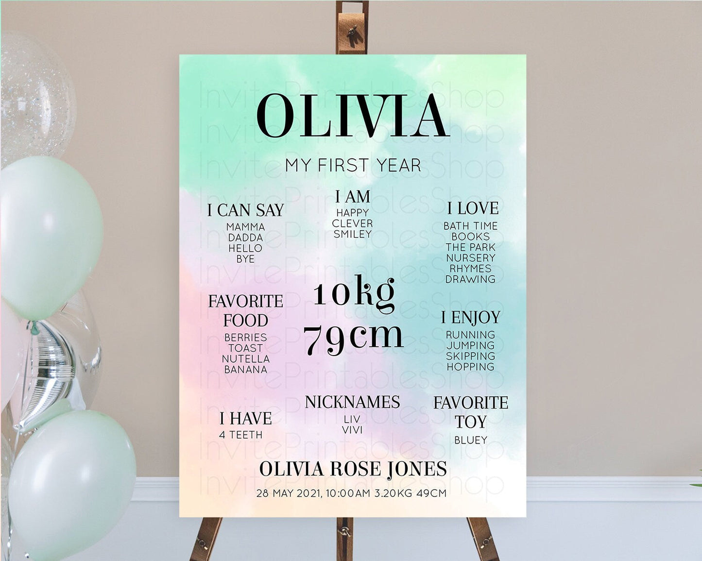 Pastel First Birthday Milestone Board Pastel Rainbow Milestone Poster Colorful Confetti Watercolor Glitter 1st Birthday Welcome Sign D10375