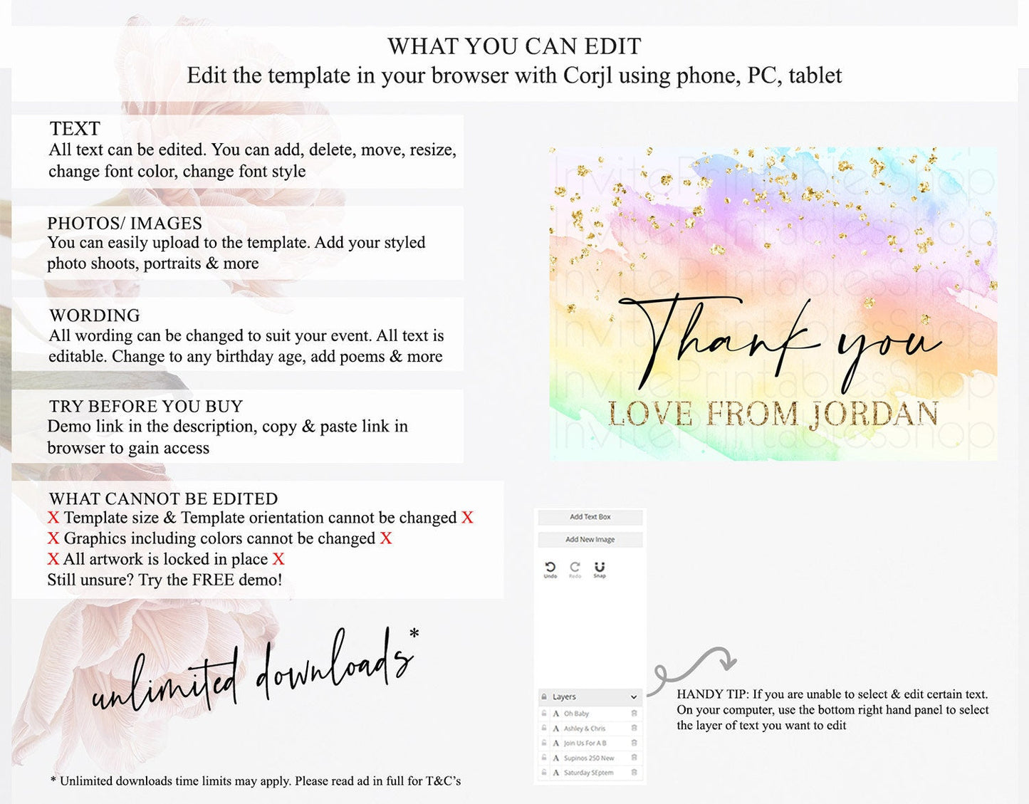 Pastel Thank You Rainbow Thank You Card Colorful Pastel Birthday Thank You Card Confetti Watercolor Pastel Teacher Thank You Cards D10645