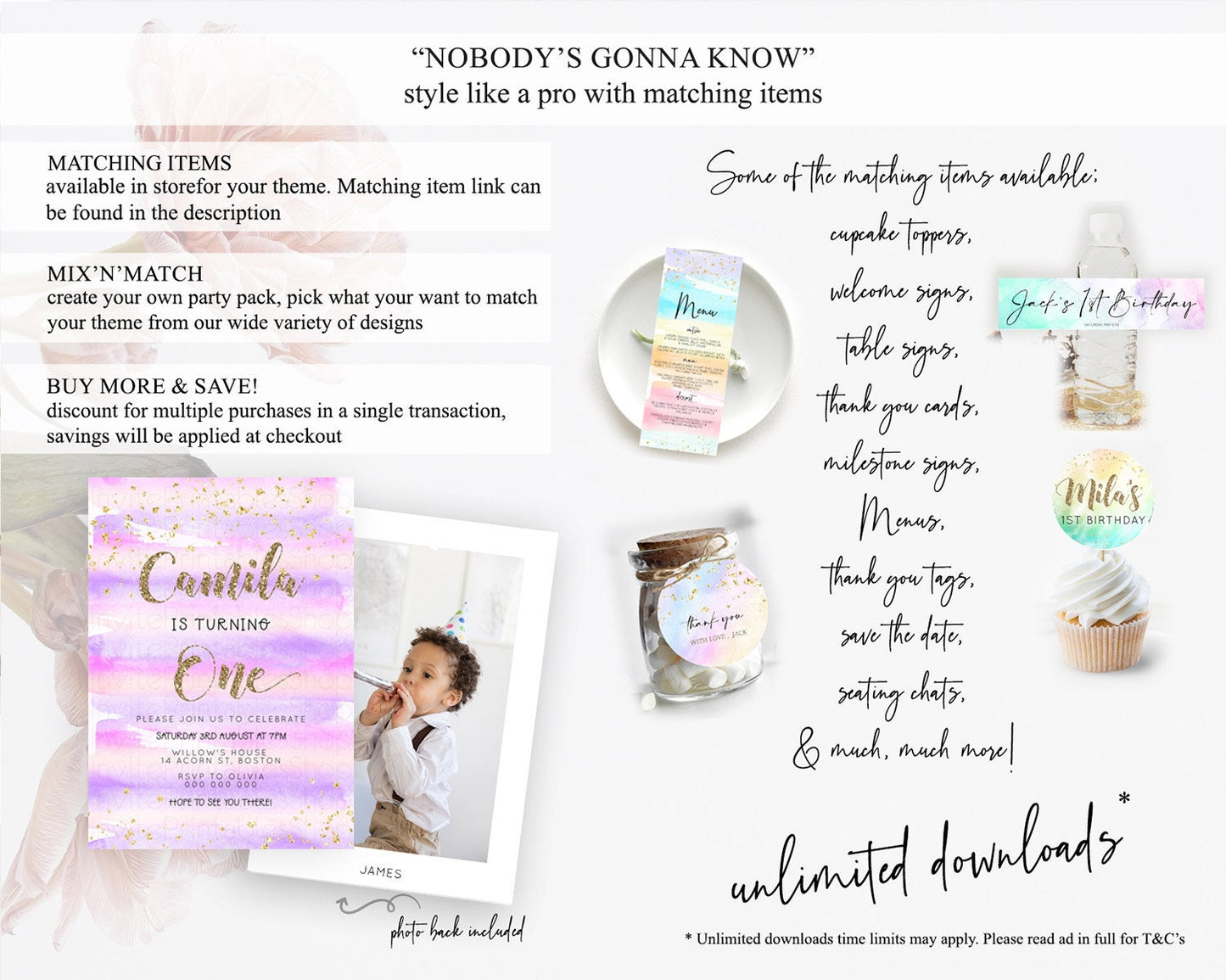 Pink Birthday Invitation pink Watercolor Invitation Pastel pink Watercolor Invitation pink Splash Gold Invitation 1st First Birthday D23266