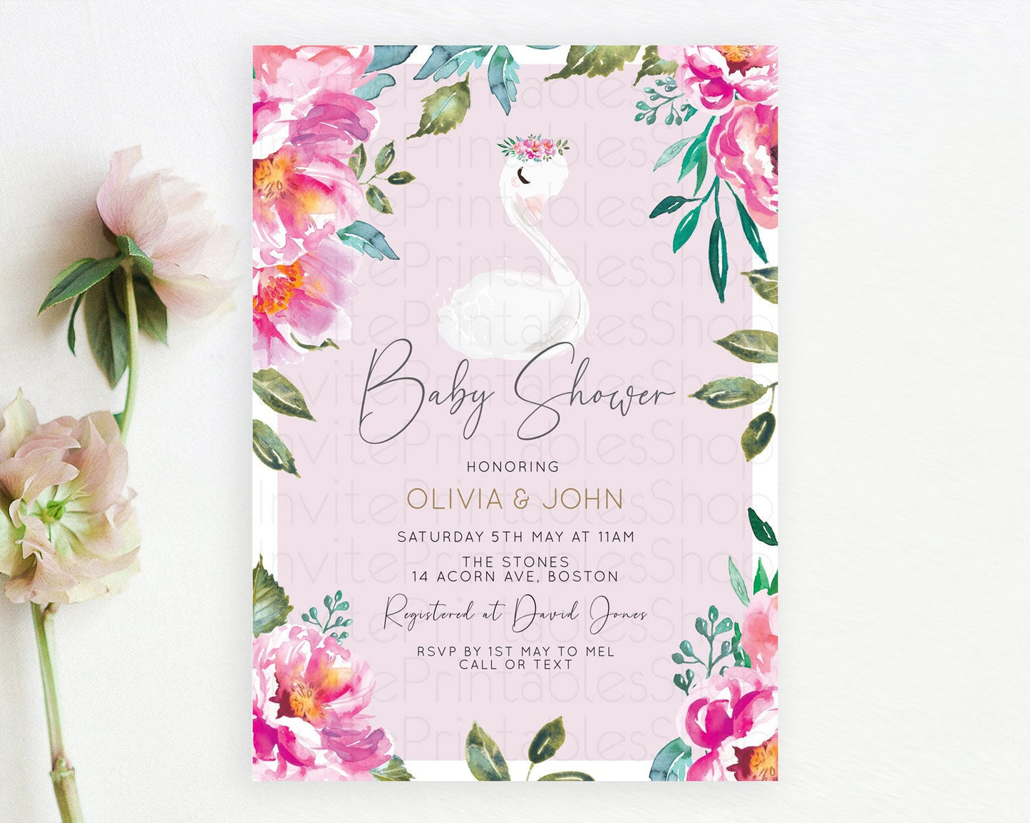 Swan Baby Shower Invitation Swan Princess Ballet Invitation Enchanted Forest Swan Lake Baby Shower Watercolour Pastel Floral D10757