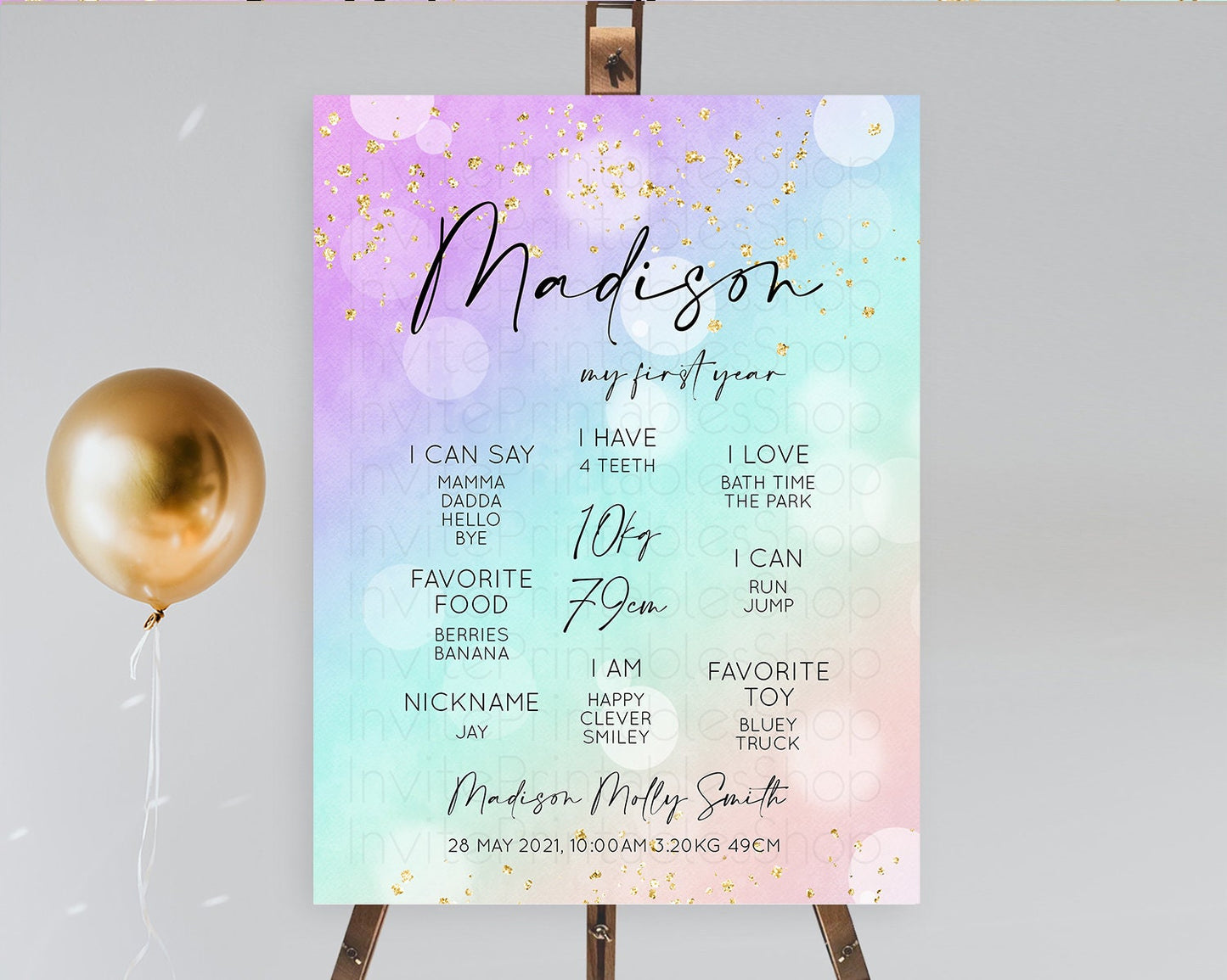 Pastel First Birthday Milestone Board Pastel Rainbow Milestone Poster Colorful Confetti Watercolor Glitter 1st Birthday Welcome Sign D10618