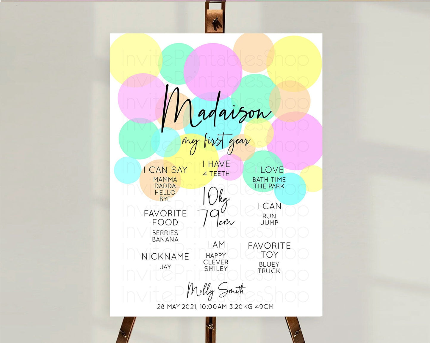 Pastel First Birthday Milestone Poster Pastel Rainbow Confetti First Birthday Milestone Board Colorful Bubbles Birthday Welcome Sign D10410