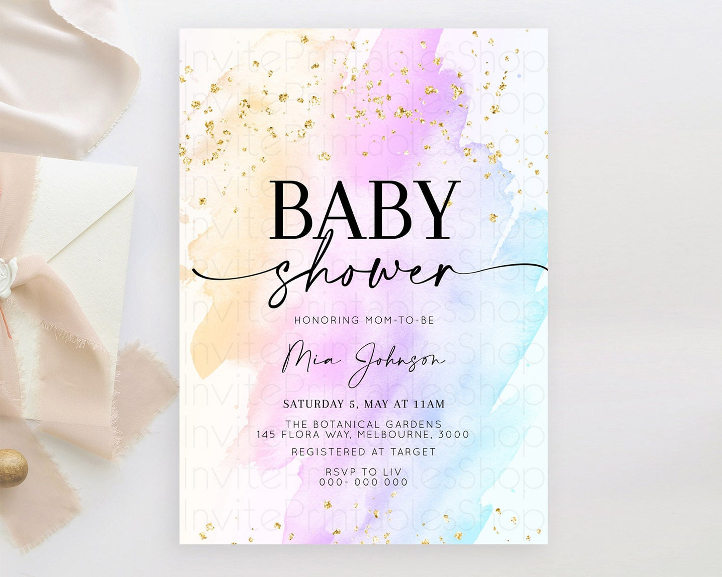 Pastel Baby Shower Invitation Rainbow Baby Shower Invitation Colorful Pastel Watercolor Invitation Gold Glitter Sprinkles Ombre D10175