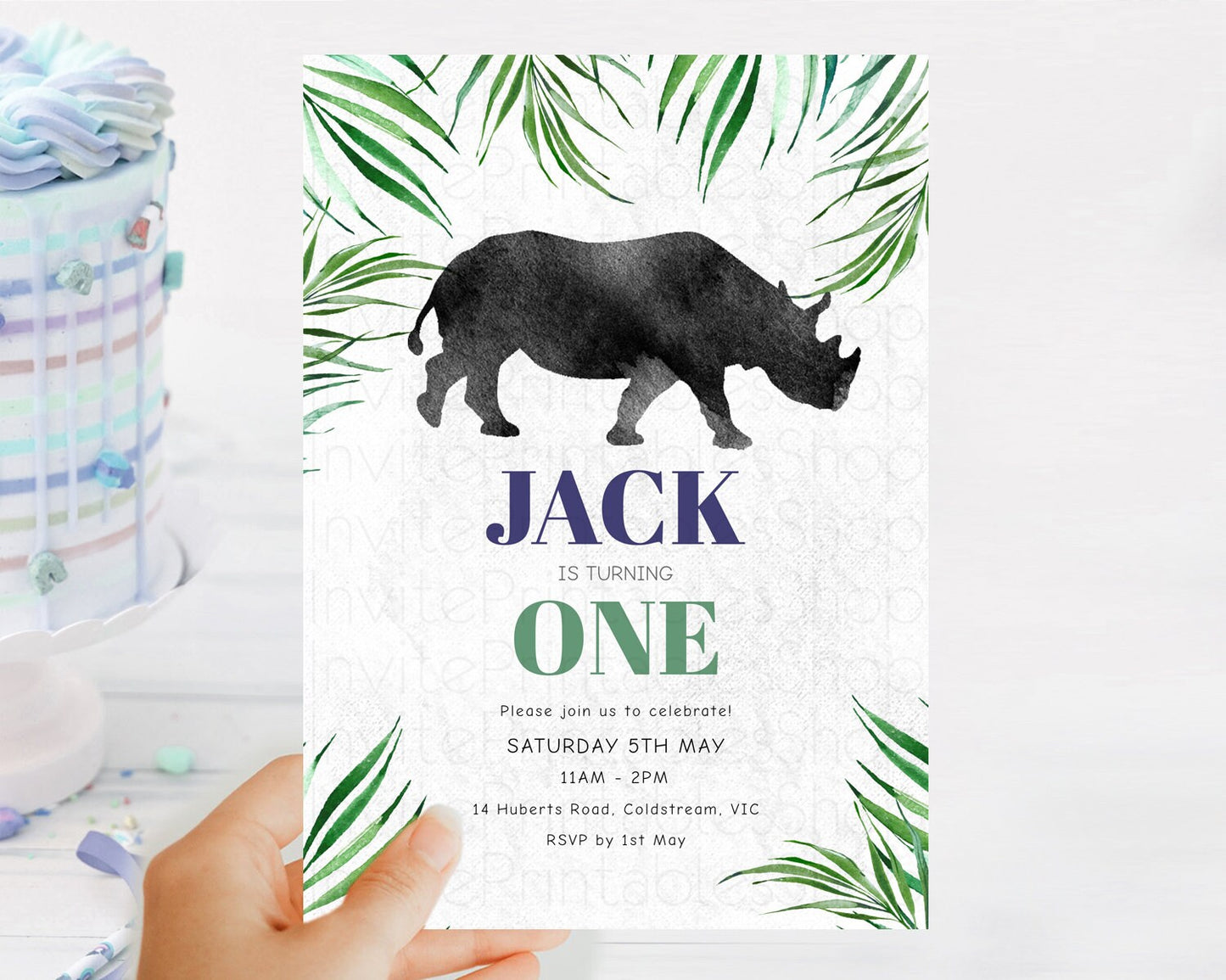 Rhino Birthday Invitation Rhino Invitation Rhino Birthday Rhino Safari Adventure Invite Rhino Palm Leaf Invite Zoo Party D10843