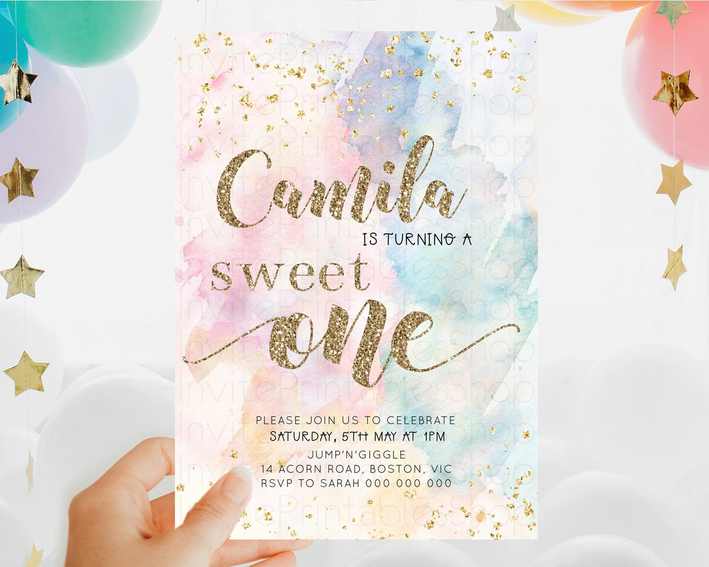Rainbow Birthday Invitation Glitter Pastel Invitation Colorful Watercolor Gold Foil Splatter Sprinkle Ombre Sweet One Invitation D10264