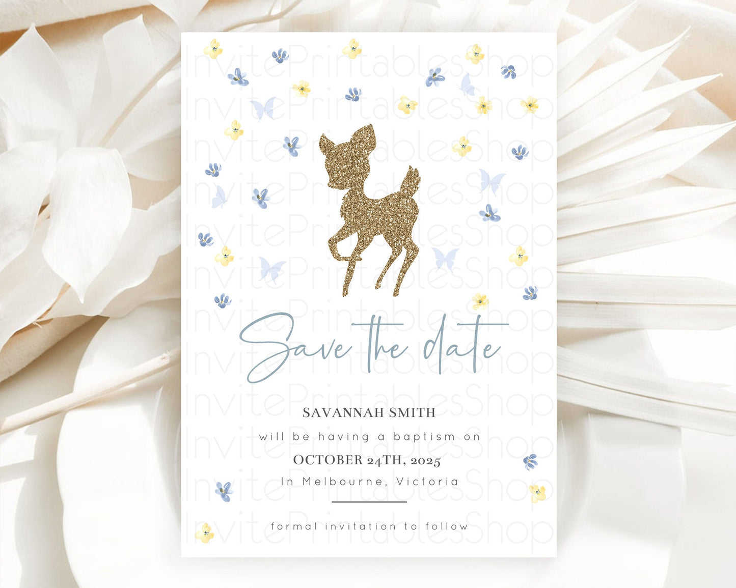 Fawn Deer Save The Date Template Pastel Floral Deer Enchanted Forest Butterfly Party 1st Birthday Baptism Baby Shower Bridal Shower D10864