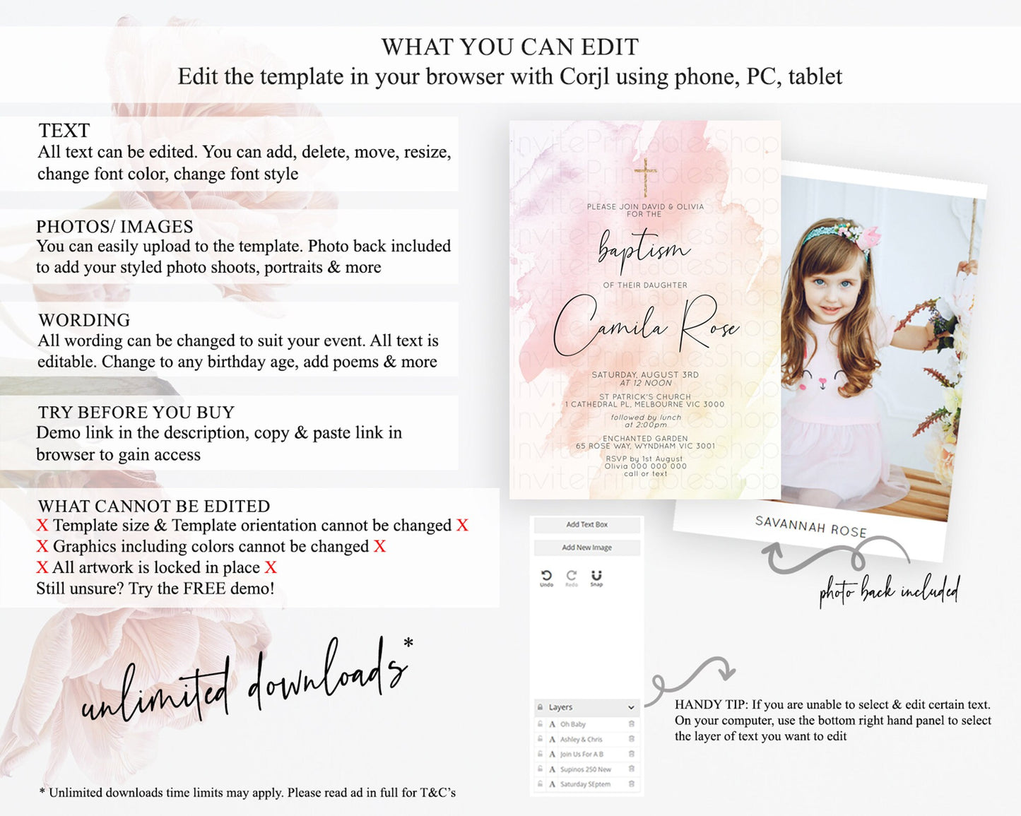 Pink Baptism Invitation Pink Watercolor Baptism 1st Birthday Invitation Pastel Pink Watercolor Christening Invite Pink Splash D10164