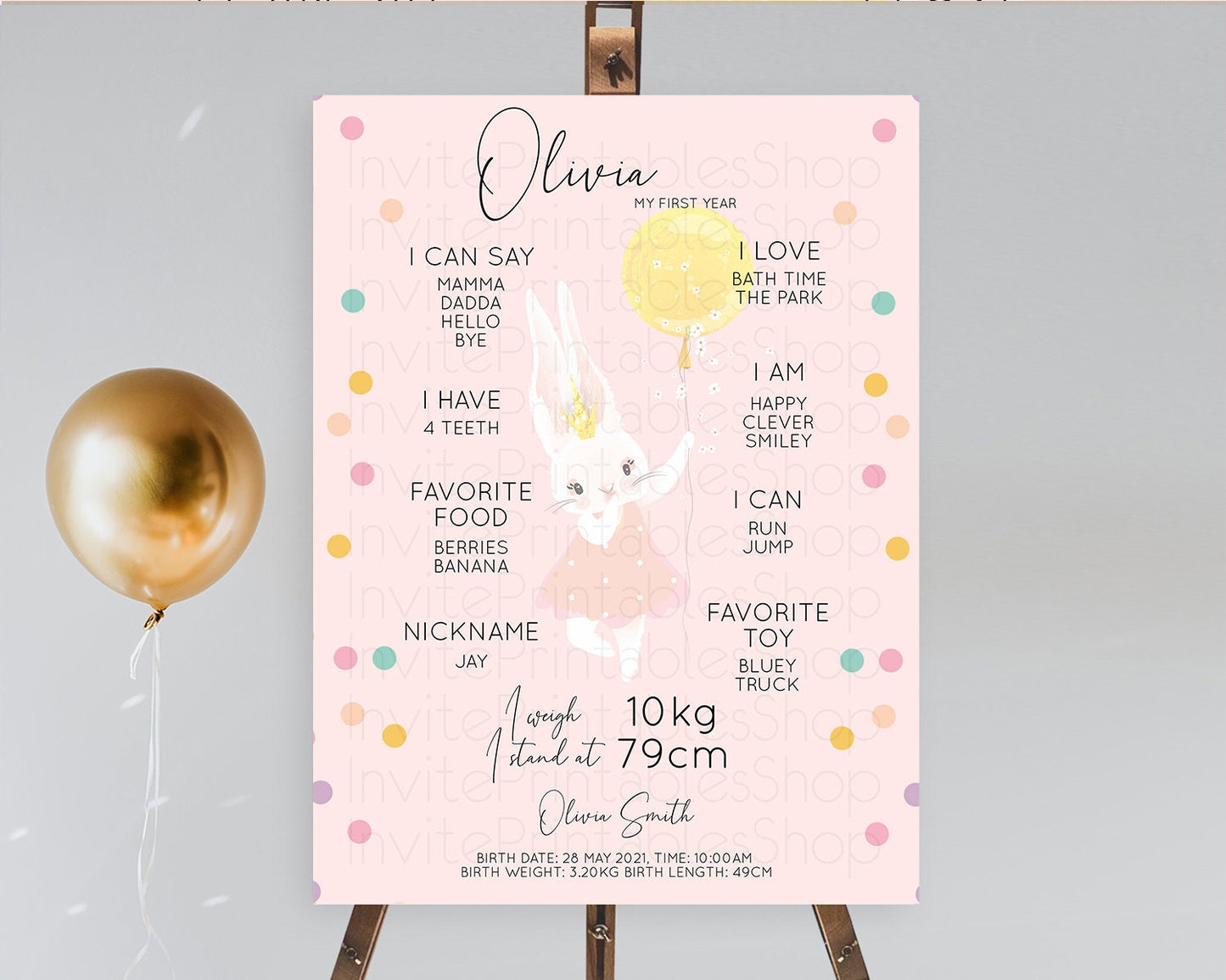 Bunny First Birthday Milestone Board Bunny Balloon Milestone Poster Colorful Pastel Confetti Bunny First Birthday Welcome Sign D10219