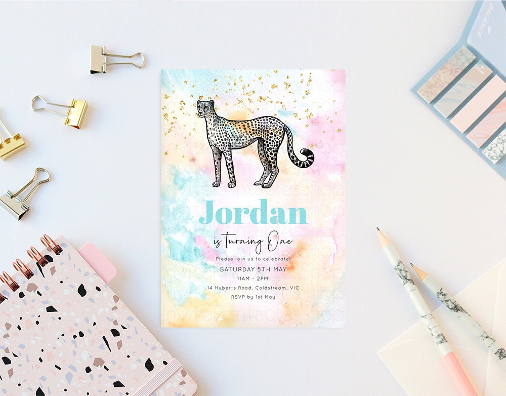 Rainbow Cheetah Birthday Invitation Pastel Cheetah Invite Colorful Cheetah Invite Cheetah Invitation Gold Glitter Sprinkles Invite