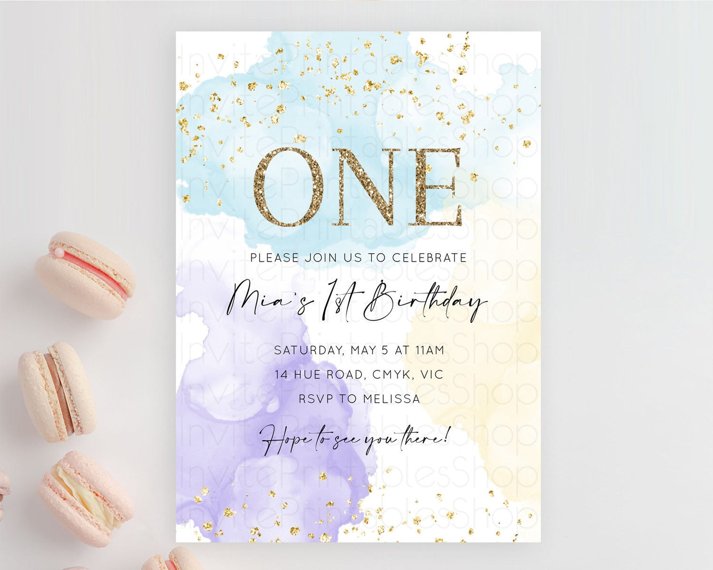 Rainbow Birthday Invitation Colorful Pastel Watercolor Invitation Gold Glitter Sprinkles Ombre Pastel 1st 2nd 3rd Birthday D10206