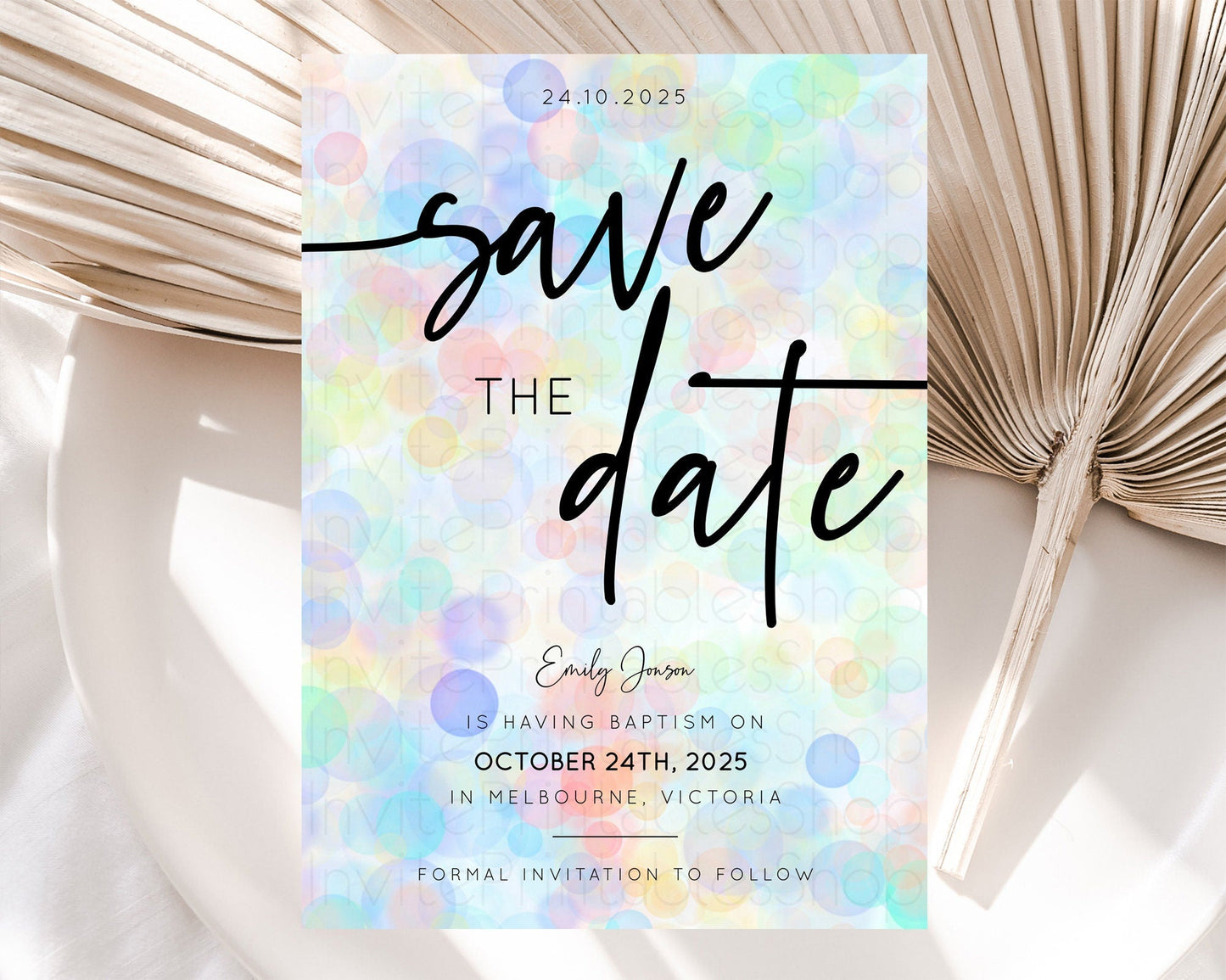 Pastel Bubbles Save The Date Template Bubble Bath Party Rainbow Colorful Confetti Sprinkles 1st Birthday Baby Shower Baptism Wedding D10444