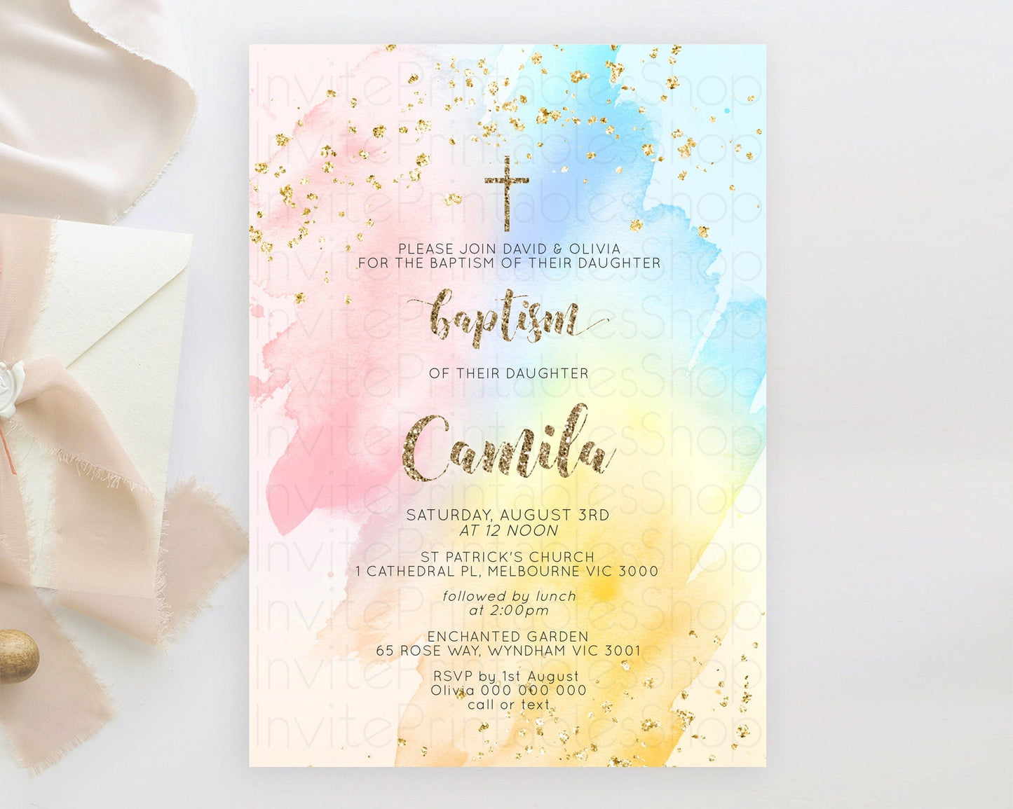 Pastel Baptism Invitation Pastel Colors Watercolor Baptism 1st Birthday Party Gold Ombre Pastel Rainbow Christening Holy Communion D10556