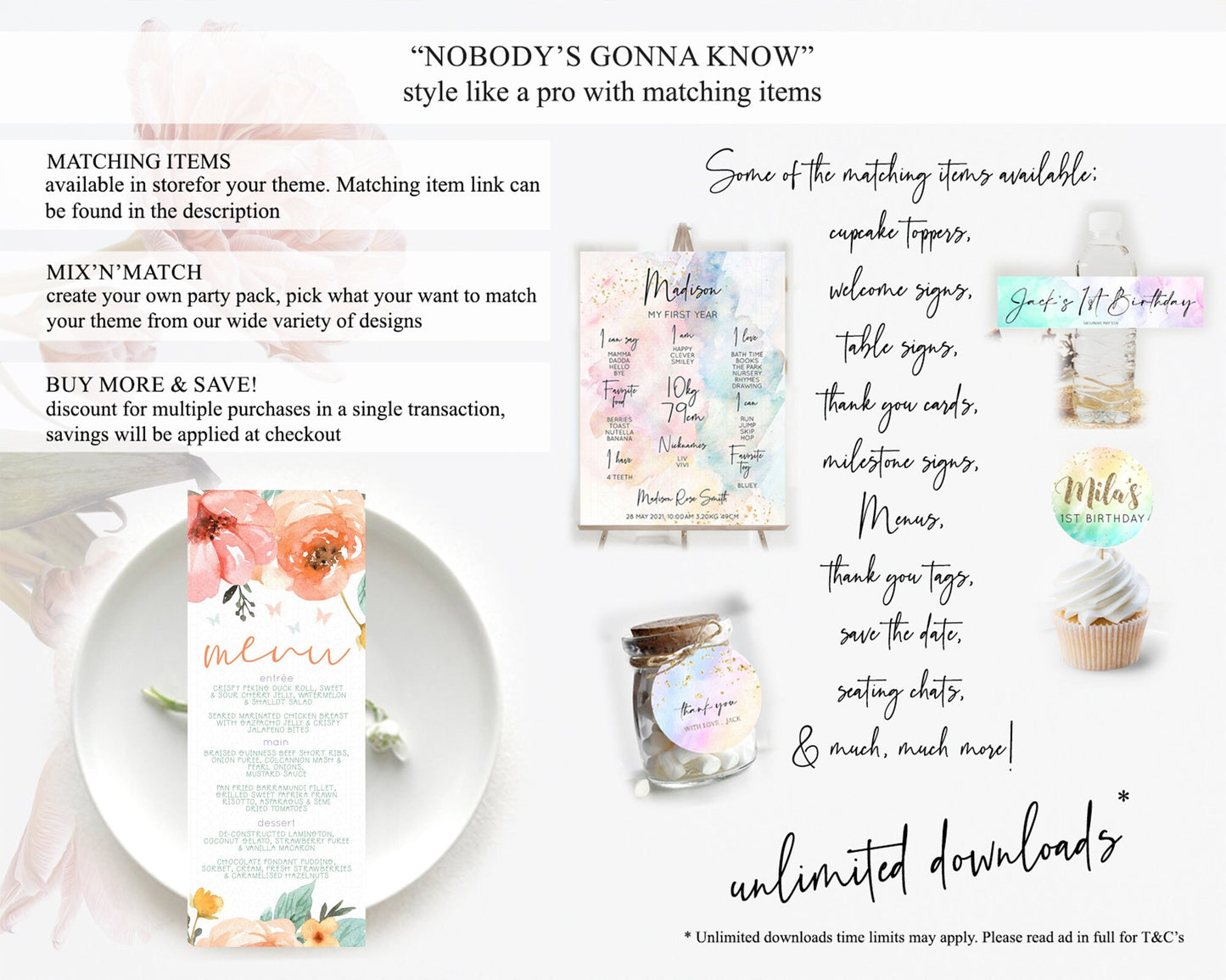 Secret Garden Menu Wildflower Menu Template Pastel Flower Garden Table Decor Boho Floral Dinner Dessert Floral Party Food Menu D10347