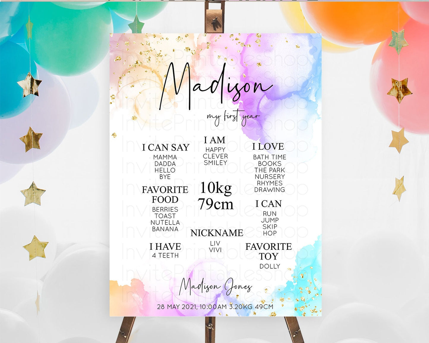 Pastel First Birthday Milestone Board Pastel Rainbow Milestone Poster Colorful Confetti Watercolor Glitter 1st Birthday Welcome Sign D10180