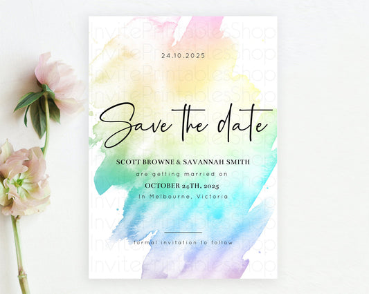 Editable Pastel Save The Date Template Pastel Ombre Rainbow Watercolor Color