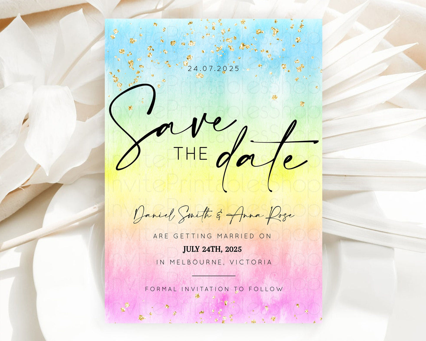 Pastel Save The Date Template Pastel Ombre Rainbow Watercolor Colorful Party For Birthday Baptism Baby Shower Wedding Bridal Shower D10483