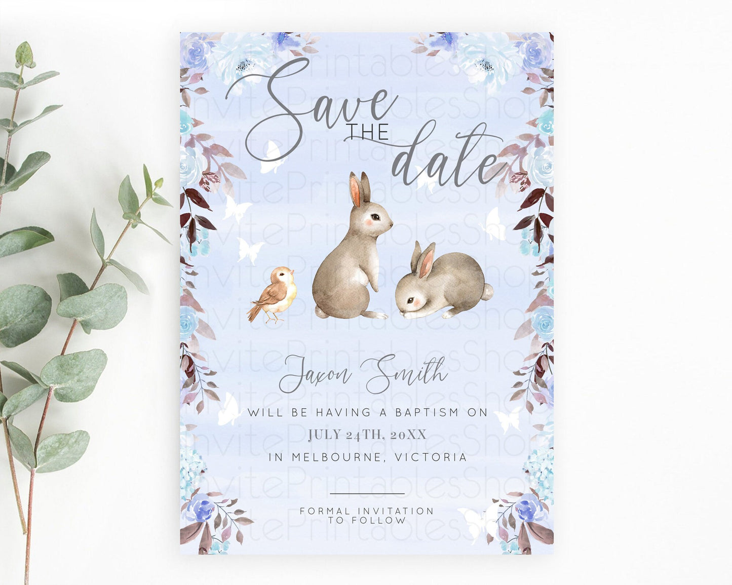 Floral Bunny Save The Date Template Pastel Flowers Forest Bunny Secret Garden Some Bunny Party 1st Birthday Baby Shower Baptism D10923