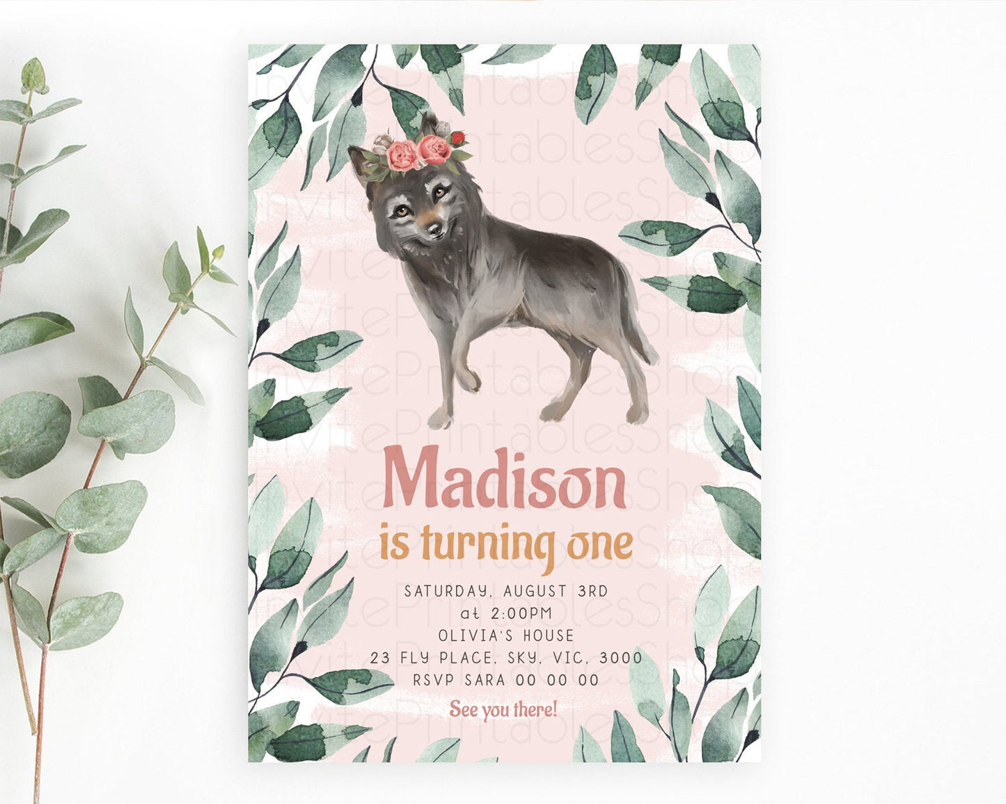 Wolf Birthday Invitation Wolf Invitation Pastel Wolf Birthday Enchanted Forest Woods Wolf Floral Invitation Howling Birthday Party D10535