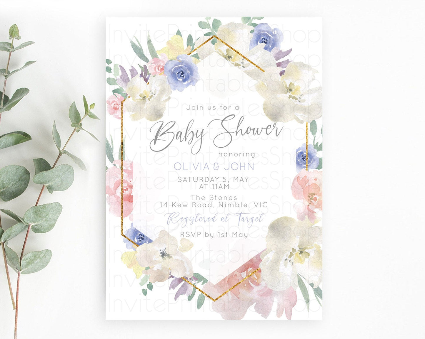 Wildflower Baby Shower Invitation, Enchanted Garden, Secret Garden, Pastel Flowers, Soft Pink, Blue White Floral, Blooms, Botanical D10254