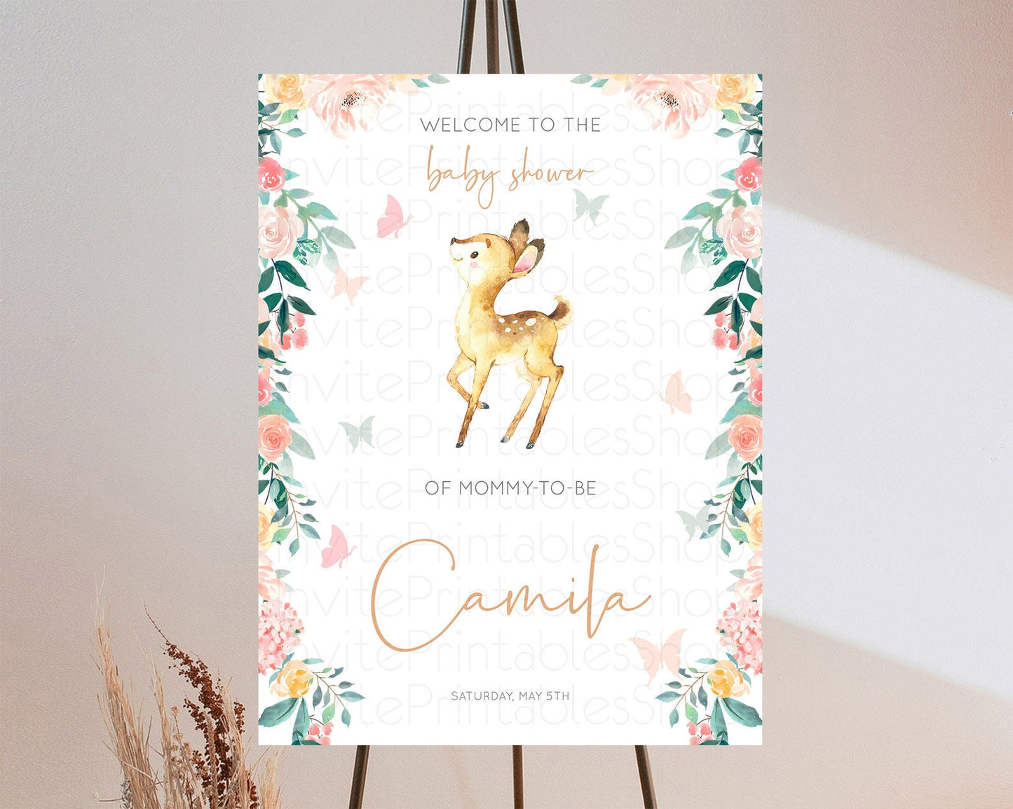 Fawn Baby Shower Welcome Sign Deer Welcome Board Floral Deer Welcome Poster Enchanted Forest Butterfly Pastel Floral Welcome Sign D10753