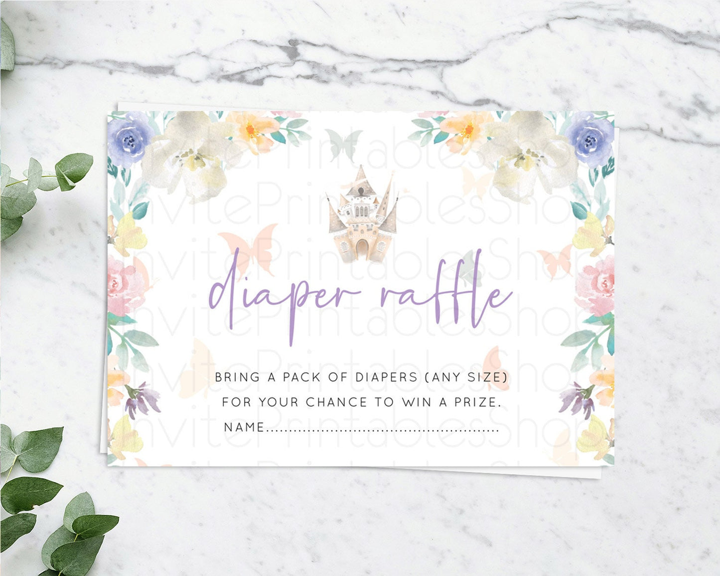 Princess Diaper Raffle Card Castle Diaper Ticket Insert Secret Garden Enchanted Castle Pastel Floral Garden Baby Shower Poem Request D10709